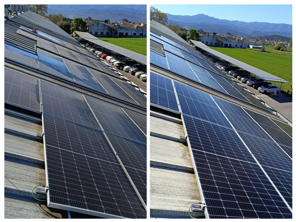 Abans i després de neteja de panells solars en instal·lació industrial